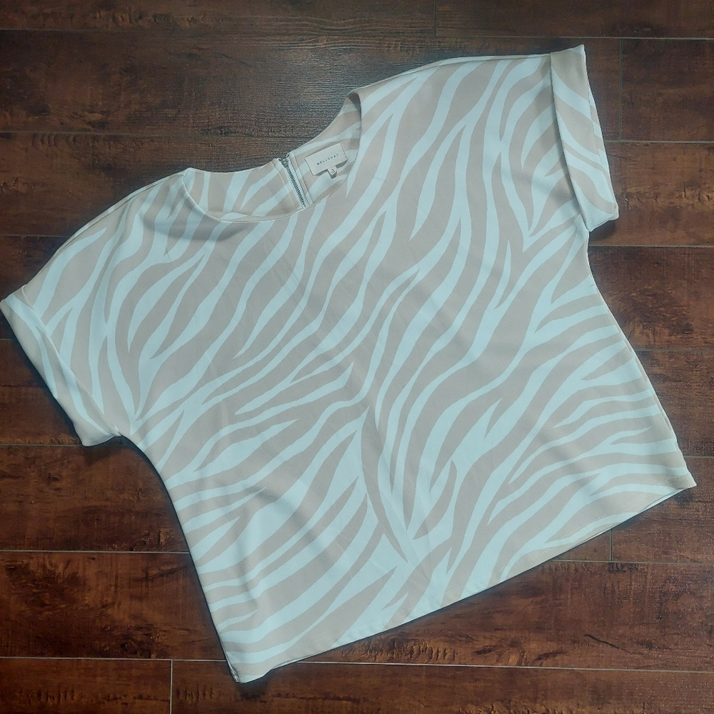 Melloday Tan Zebra Print Stretch Blouse Size Large